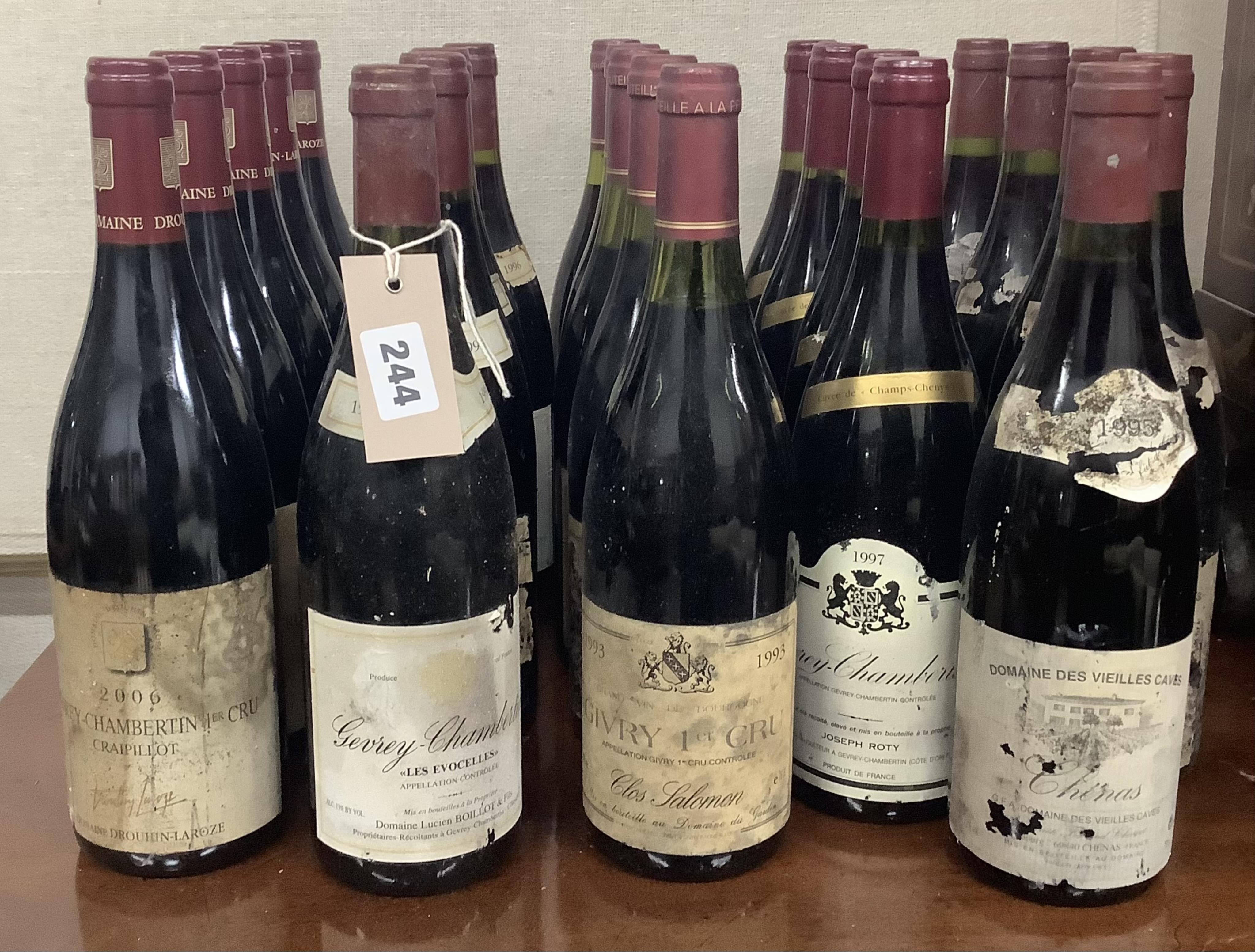 Twenty three bottles of assorted wine to include Domaine Drouhin-Laroze Craipillot Gevrey Chambertin 1er Cru 2006 (5) and Joseph Roty Gevrey Chambertin 1997 (4). Condition poor to fair, from a local private cellar